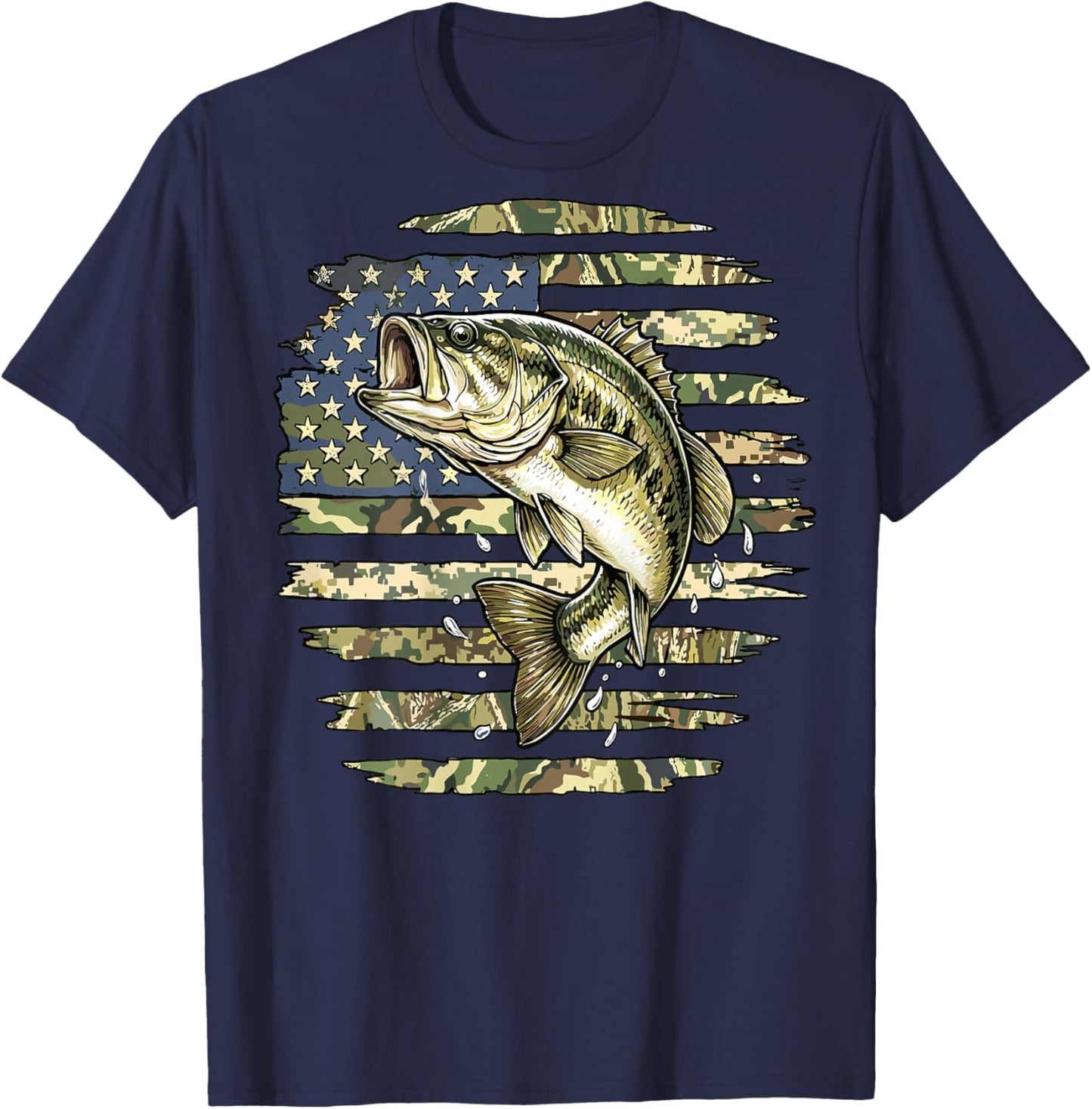 Fishing Camouflage Bass Fish American Flag Fisherman Camo T-Shirt - T-Shirt | Navy
