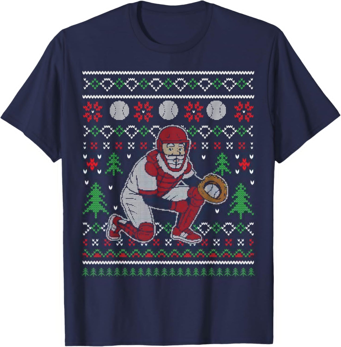 Funny Baseball Catcher Ugly Xmas Sweater Gifts T-Shirt - T-Shirt | Navy