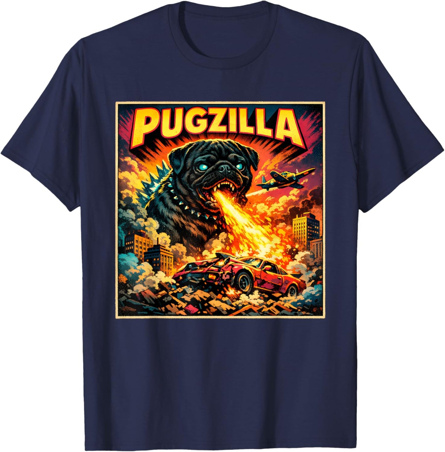 Retro Pugzilla Cute Pug Funny Youth Life from Dad Mom Meme T-Shirt - T-Shirt | Navy