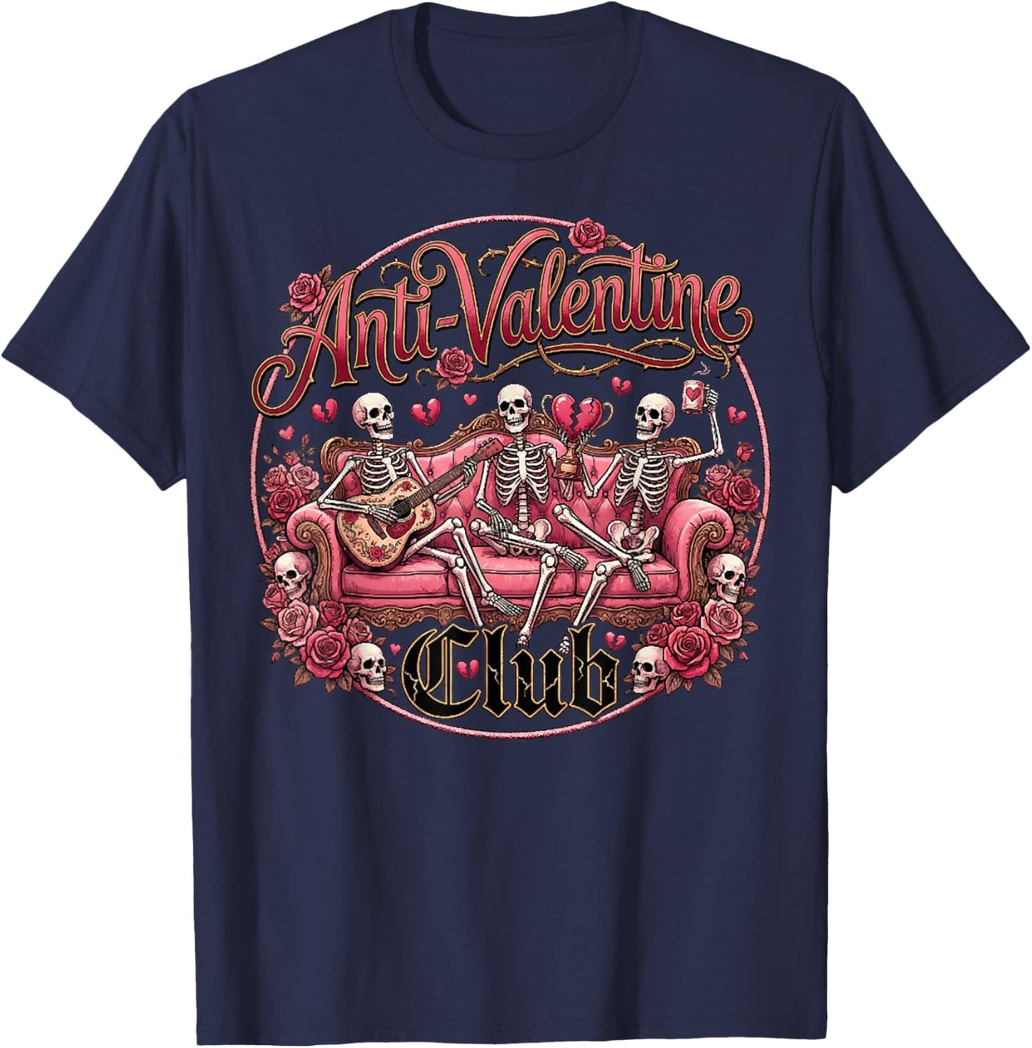 Anti Valentine Club Funny Skeleton Hearts Valentine Costume T-Shirt - T-Shirt | Navy