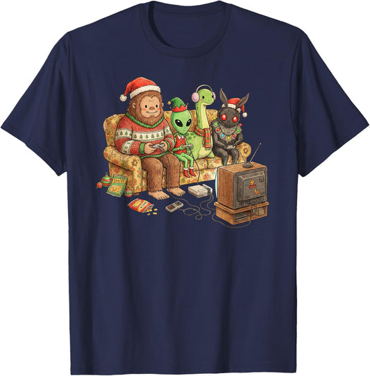Bigfoot Alien Nessie Mothman Retro Gaming Christmas Party T-Shirt - T-Shirt | Navy