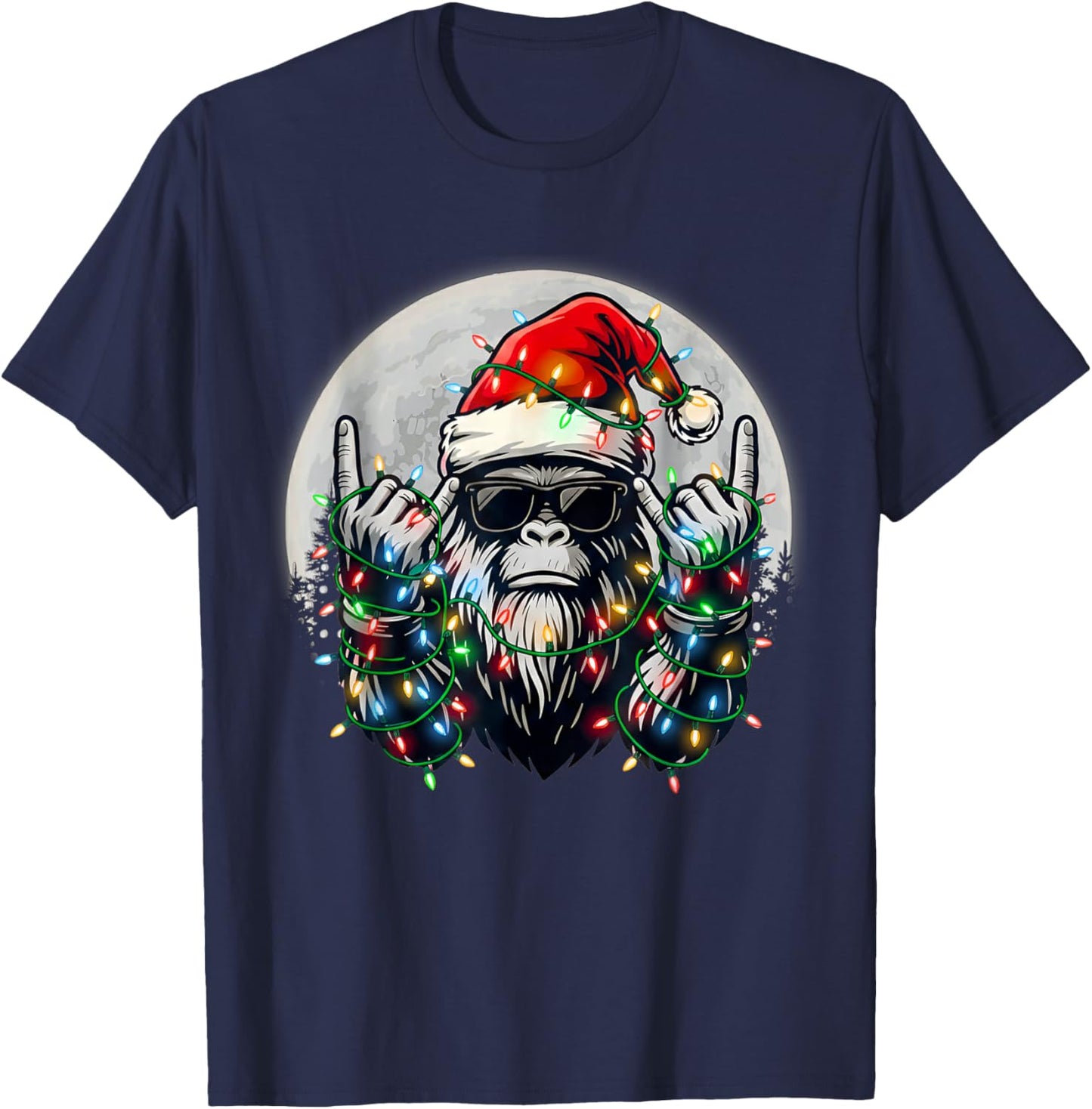Santa Bigfoot Christmas Tree Xmas Lights Funny Sasquatch T-Shirt - T-Shirt | Navy