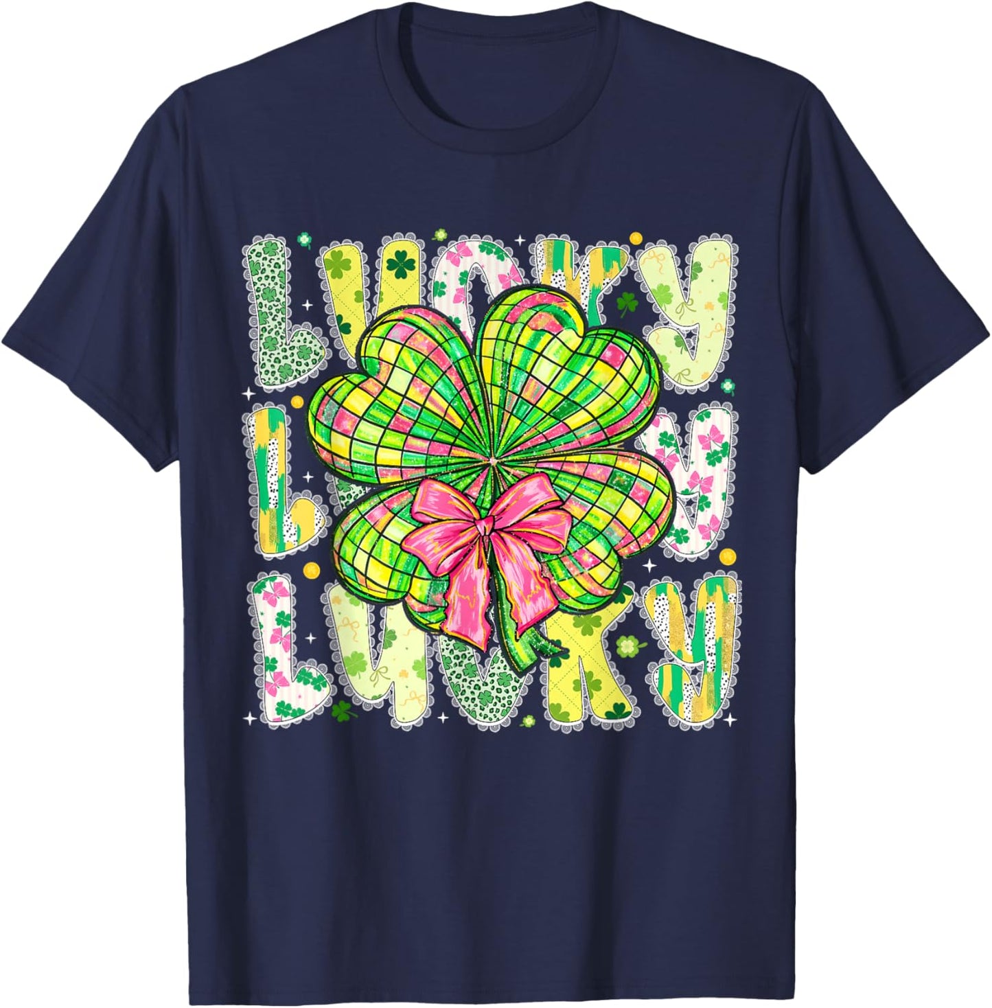 Lucky St Patricks Day Clover Coquette Bow Girl Women Kid T-Shirt - T-Shirt | Navy