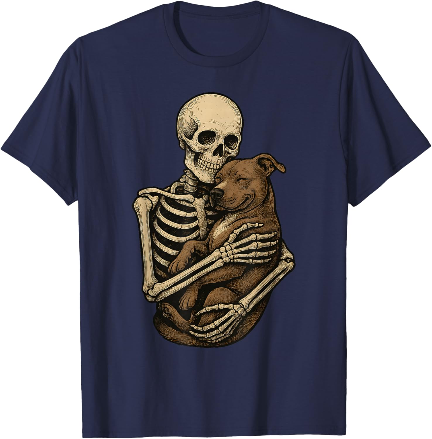 Skeleton Hugging Pittie Dog Pit Bull Funny Halloween T-Shirt - T-Shirt | Navy