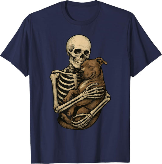 Skeleton Hugging Pittie Dog Pit Bull Funny Halloween T-Shirt - T-Shirt | Navy