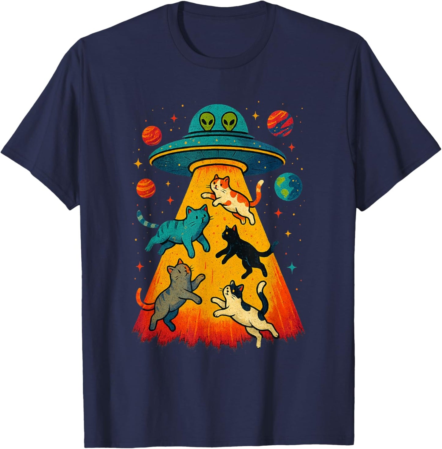 Alien Abduction Cats UFO Flying Saucer Space Girls Kid T-Shirt - T-Shirt | Navy