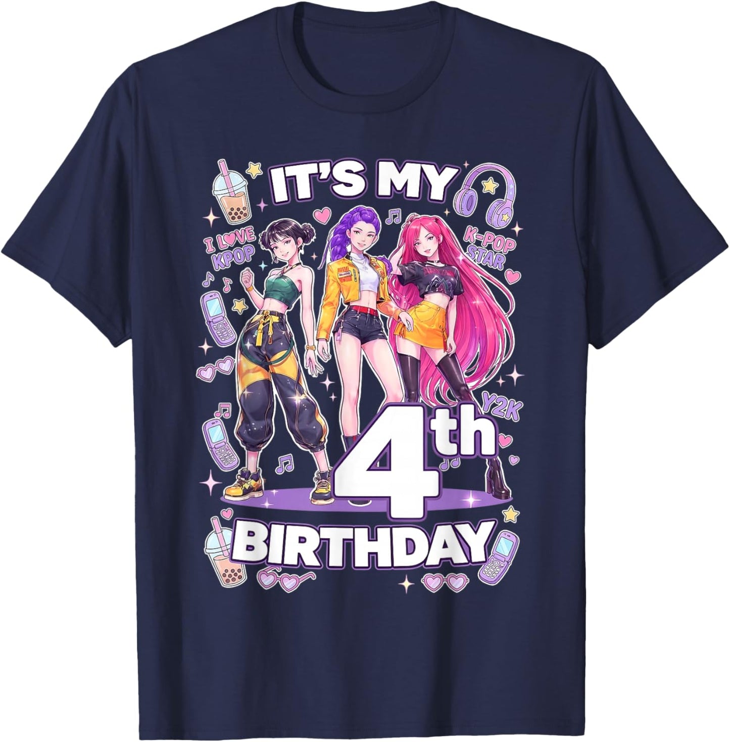 4th Birthday 4 Year Old Girl Korean Pop Kpop Bday Party T-Shirt - T-Shirt | Navy