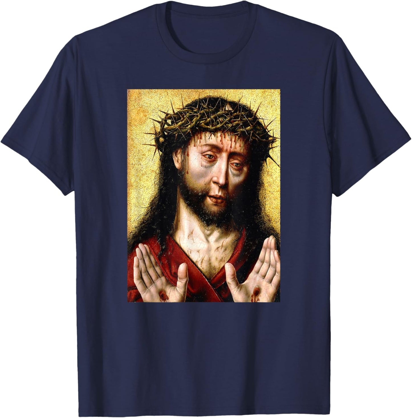 Jesus Christ Man of Sorrows Aelbert Bouts Painting 1500 T-Shirt - T-Shirt | Navy