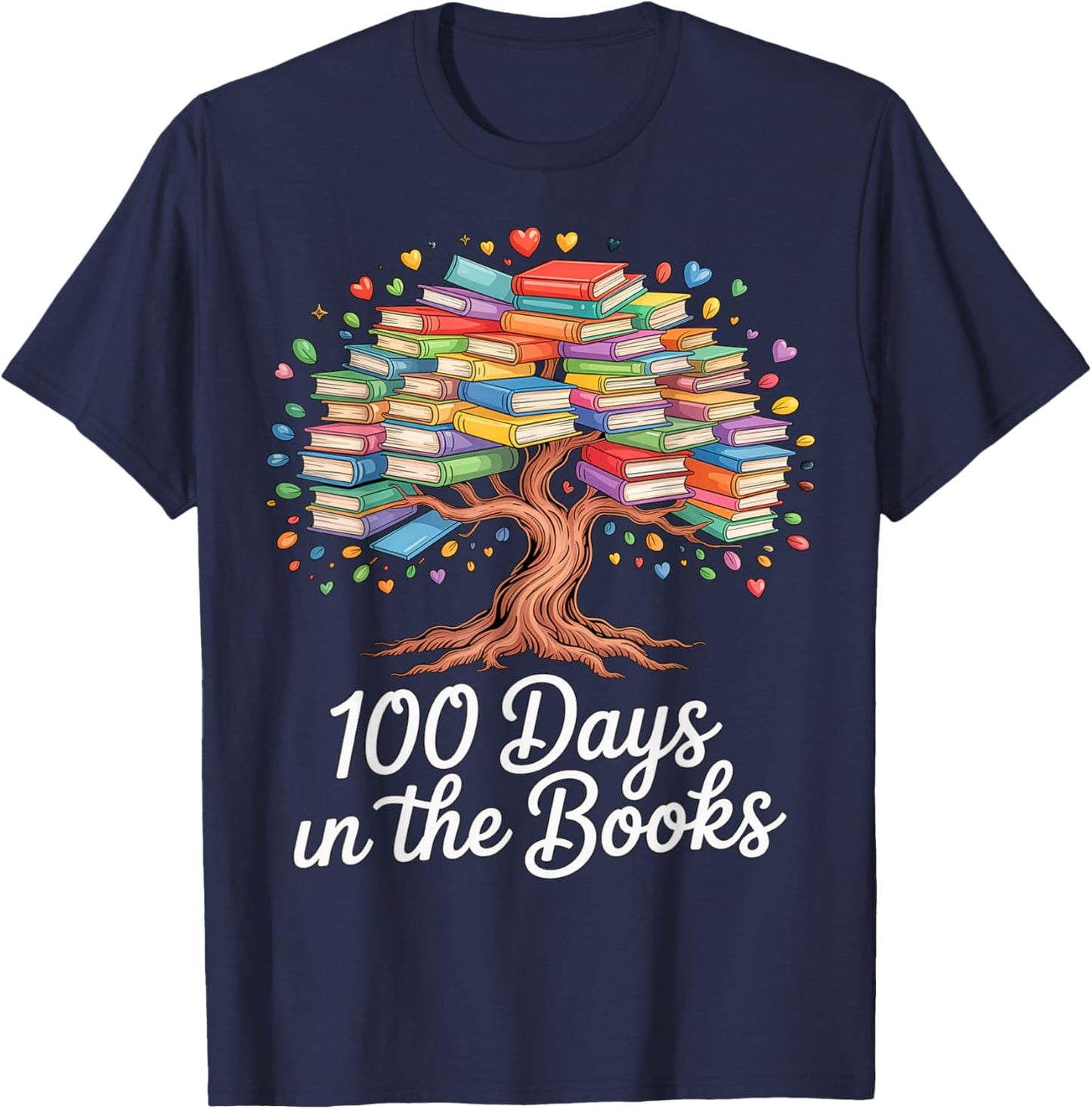 100th Day of School Books Tree Reading Design T-Shirt - T-Shirt | Navy