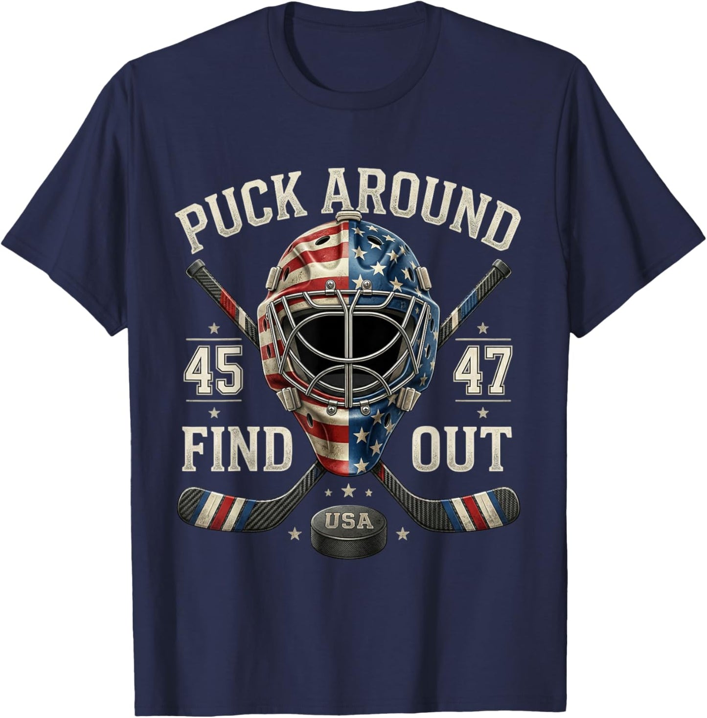 Funny Retro Puck Around and Find Out Funny Hockey Us Flag T-Shirt - T-Shirt | Navy