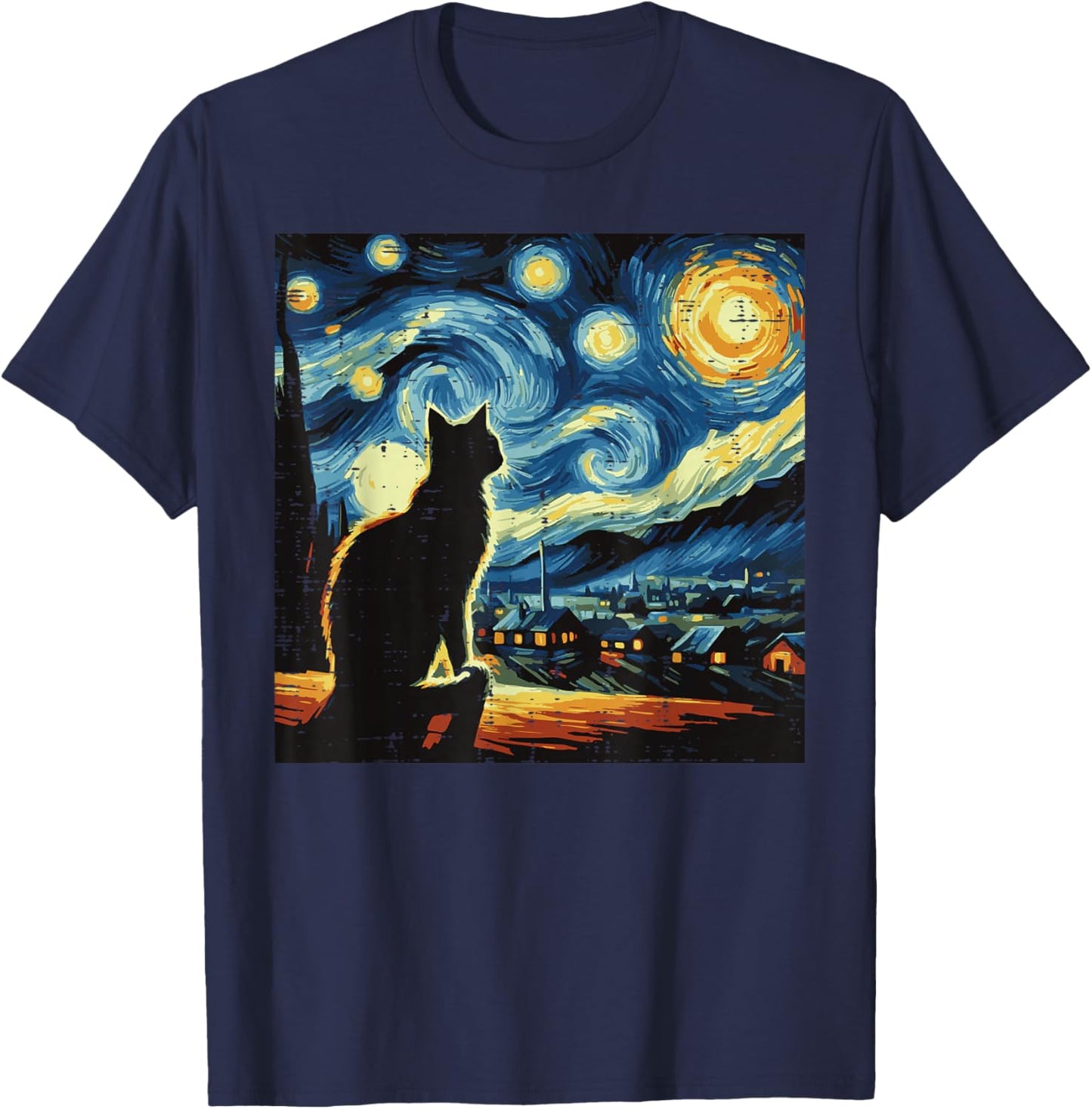 Cat Starry Night Van Gogh Kitty Painting Art Women Men Kids T-Shirt - T-Shirt | Navy