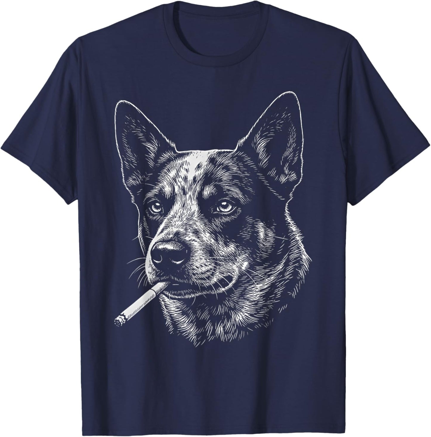 Vintage Australian Cattle Dog Smoking Cigarette Graphic Meme T-Shirt - T-Shirt | Navy