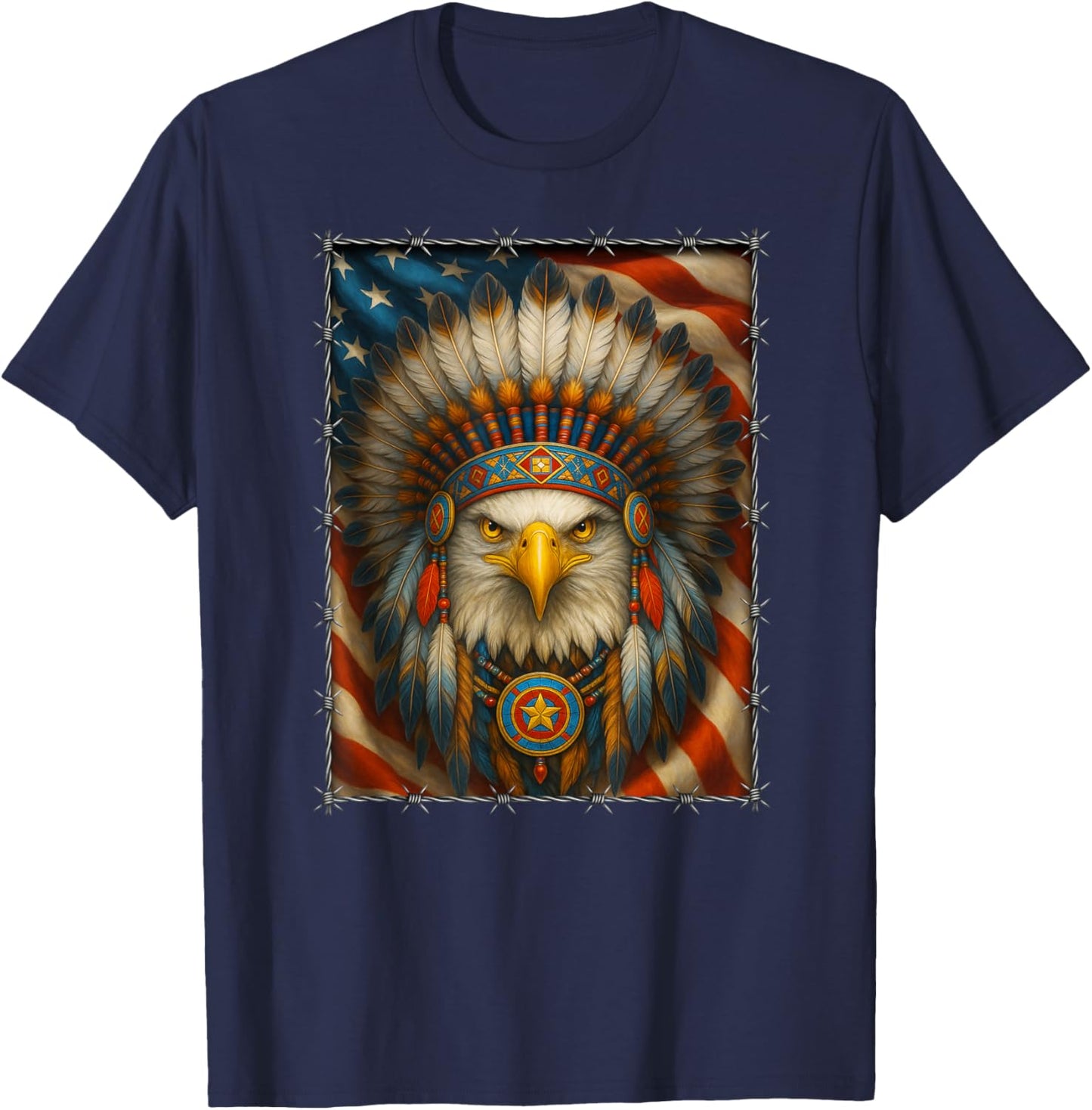 Native American - Indian Headdress Eagle - Navajo USA Flag T-Shirt - T-Shirt | Navy
