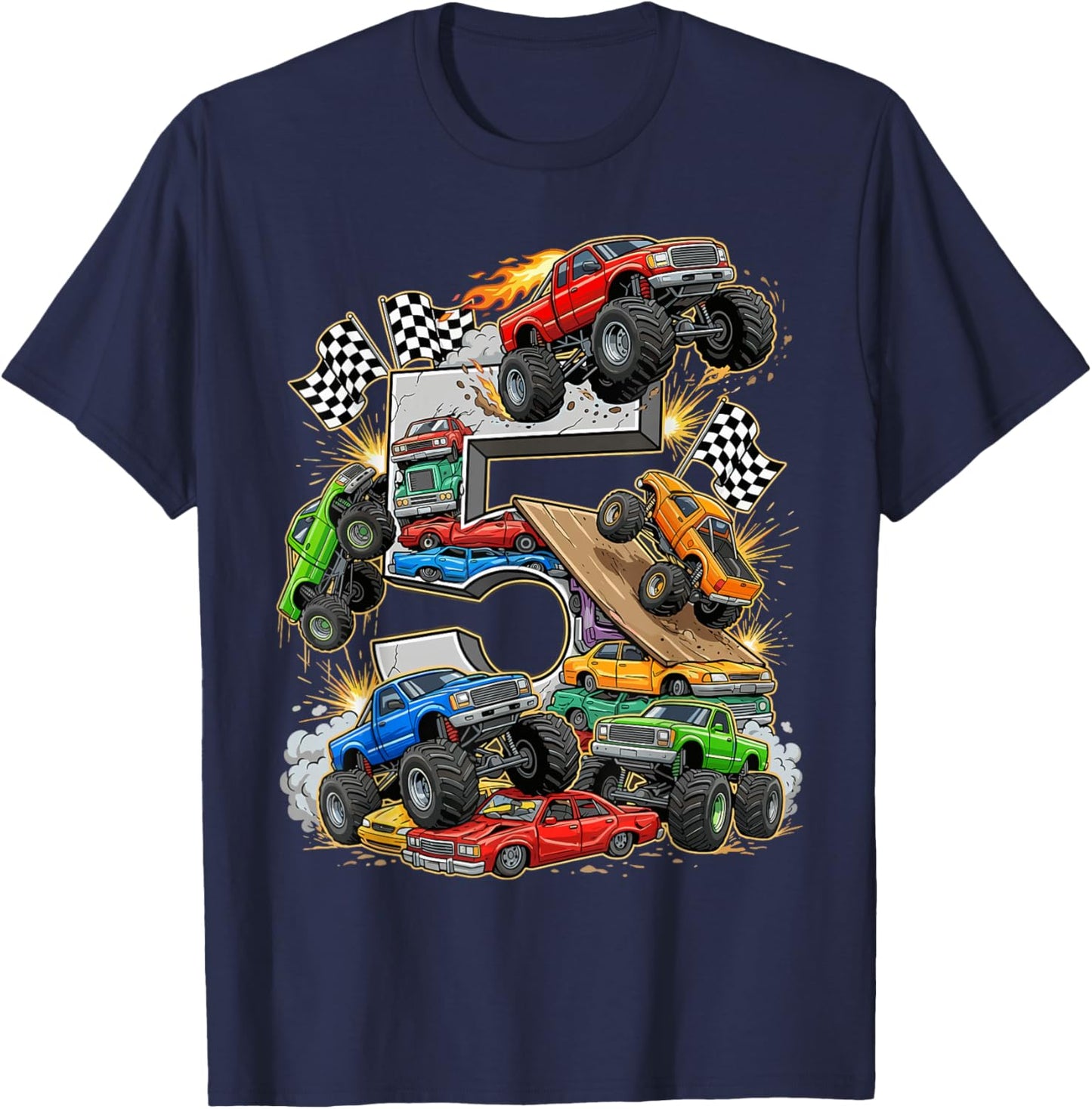 5th Birthday Monster Truck Racing Birthday Boy Party T-Shirt - T-Shirt | Navy