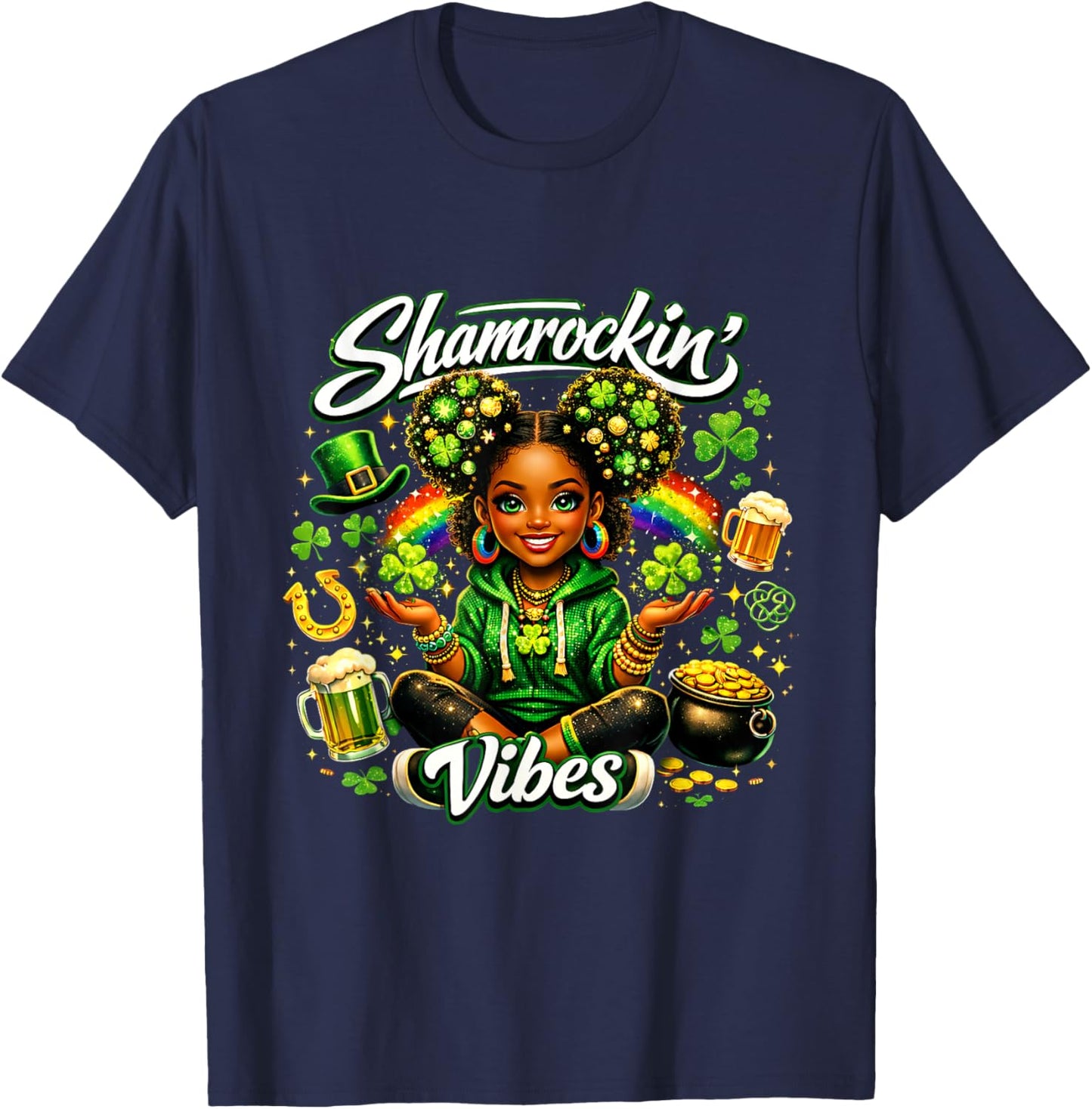 Shamrockin Vibes Cute St Patricks Day Irish Girl T-Shirt - T-Shirt | Navy