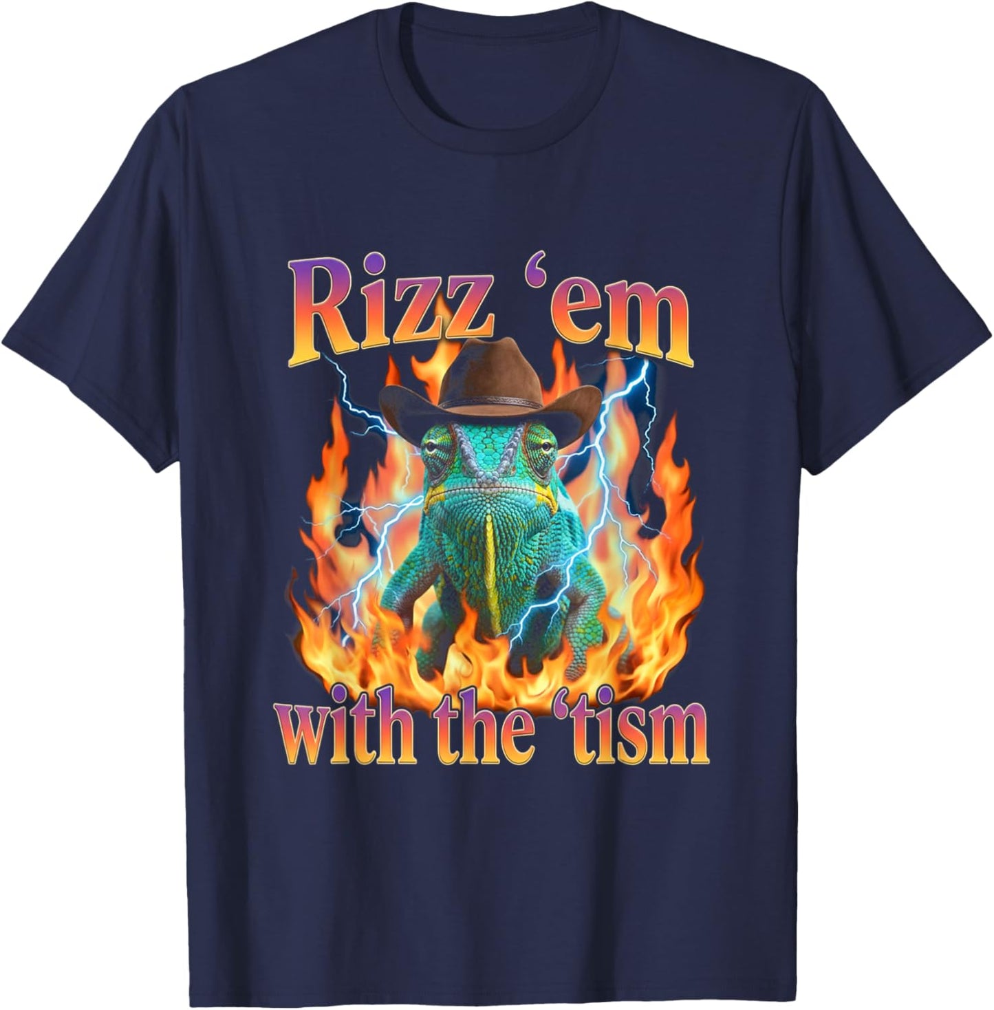 Rizz Em with The Tism Cowboy Chameleon Y2K Bootleg T-Shirt - T-Shirt | Navy