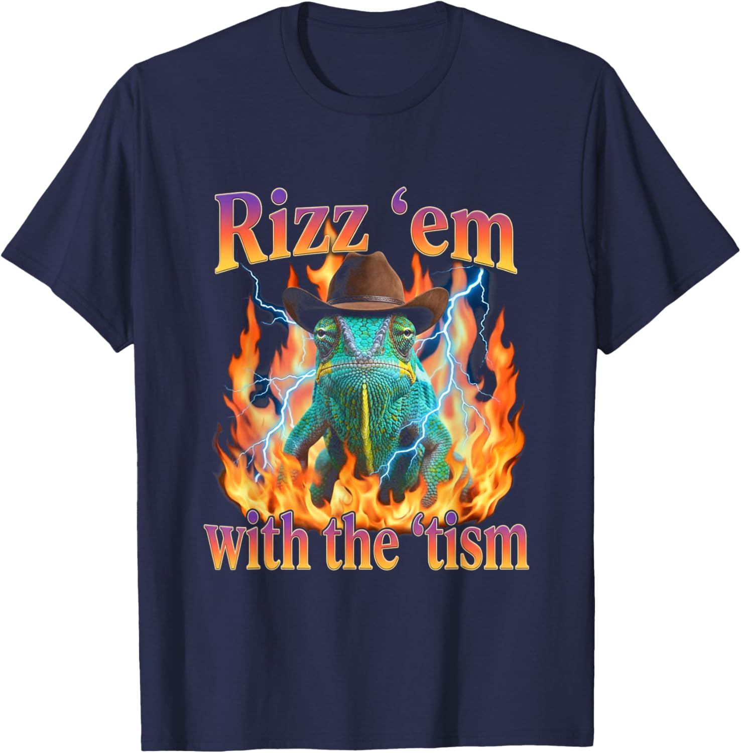 Rizz Em with The Tism Cowboy Chameleon Y2K Bootleg T-Shirt - T-Shirt | Navy