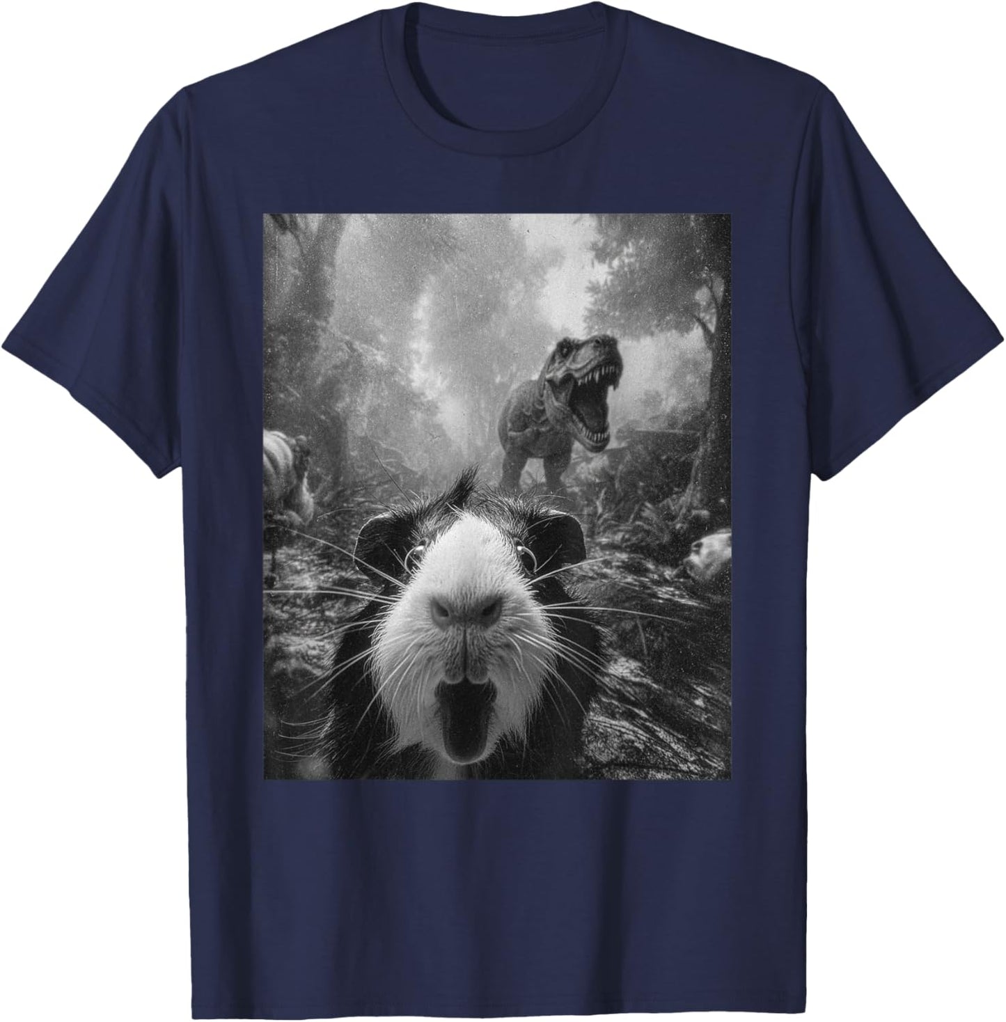 Funny Guinea Pig Selfie with T-Rex Dinosaur Dino Graphic T-Shirt - T-Shirt | Navy