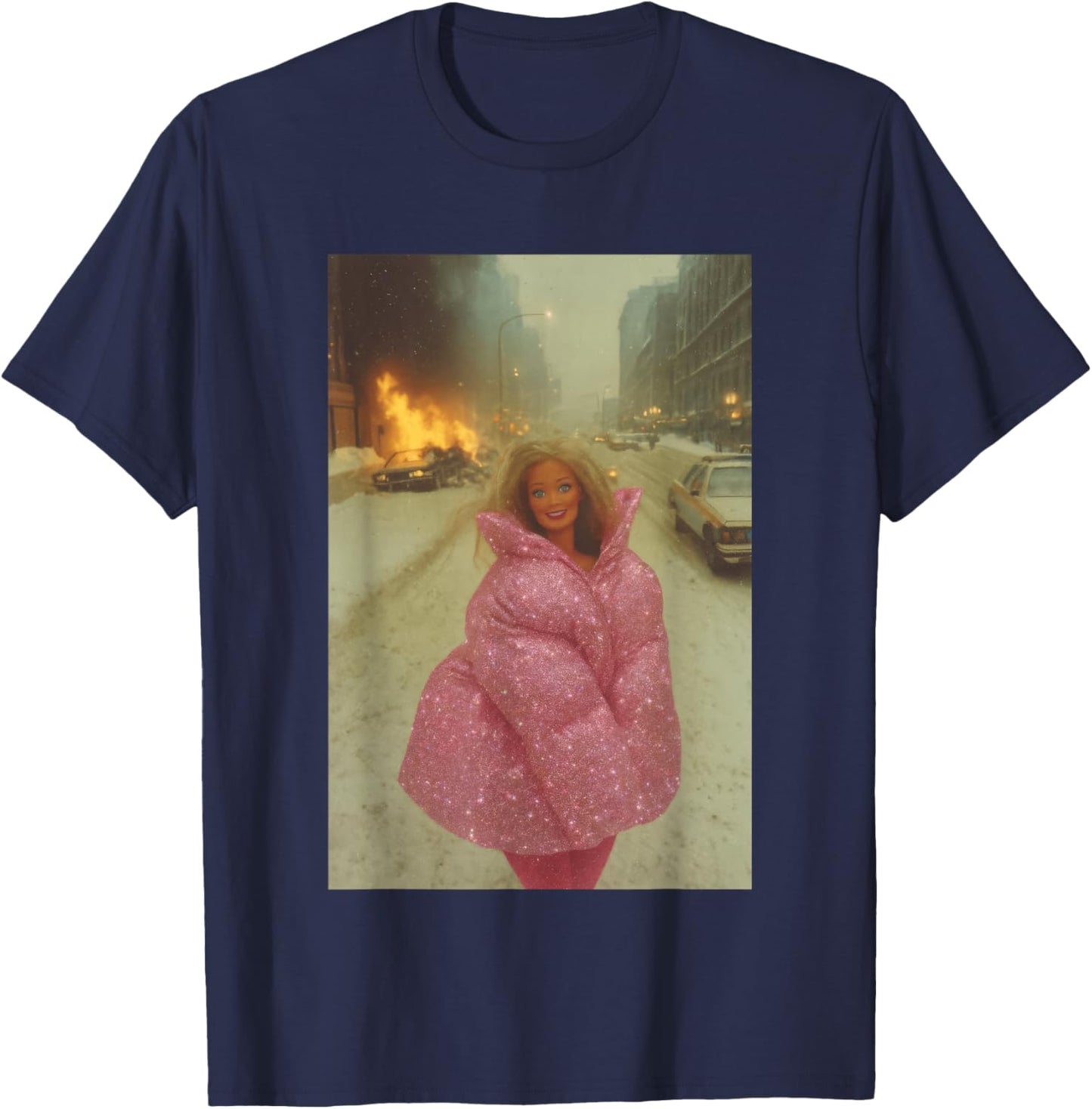 Funny Chaotic Disaster Doll Burning Background on fire Meme T-Shirt - T-Shirt | Navy
