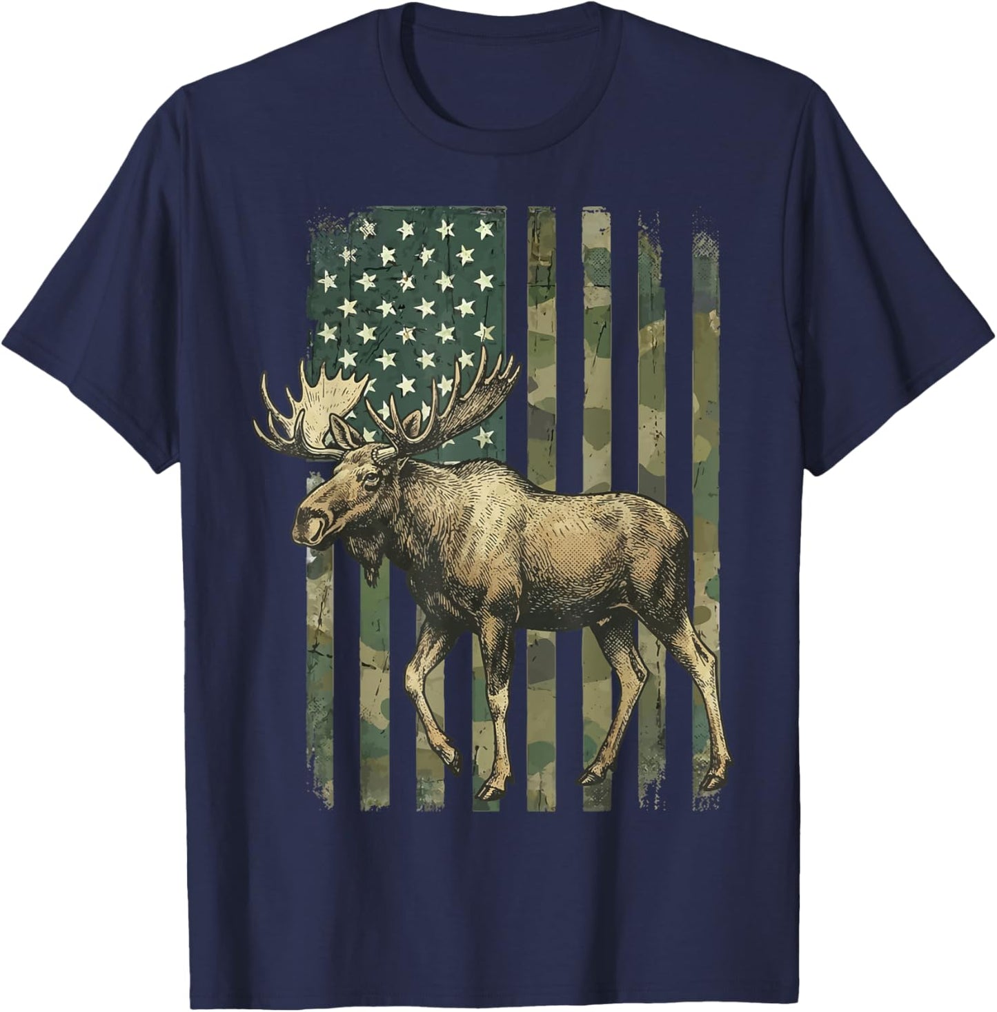 Moose USA Flag Alaska Wildlife T-Shirt - T-Shirt | Navy