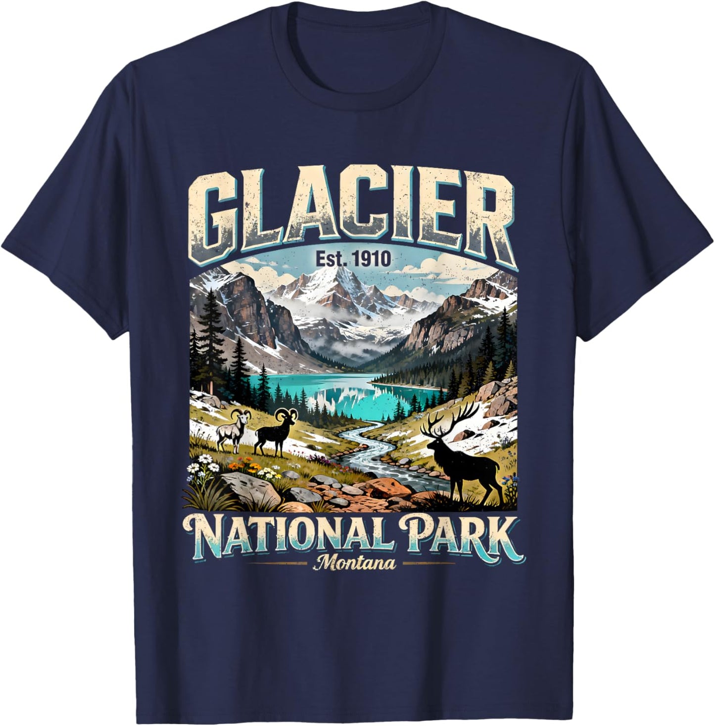 Glacier National Park Montana Vintage Nature Art T-Shirt - T-Shirt | Navy