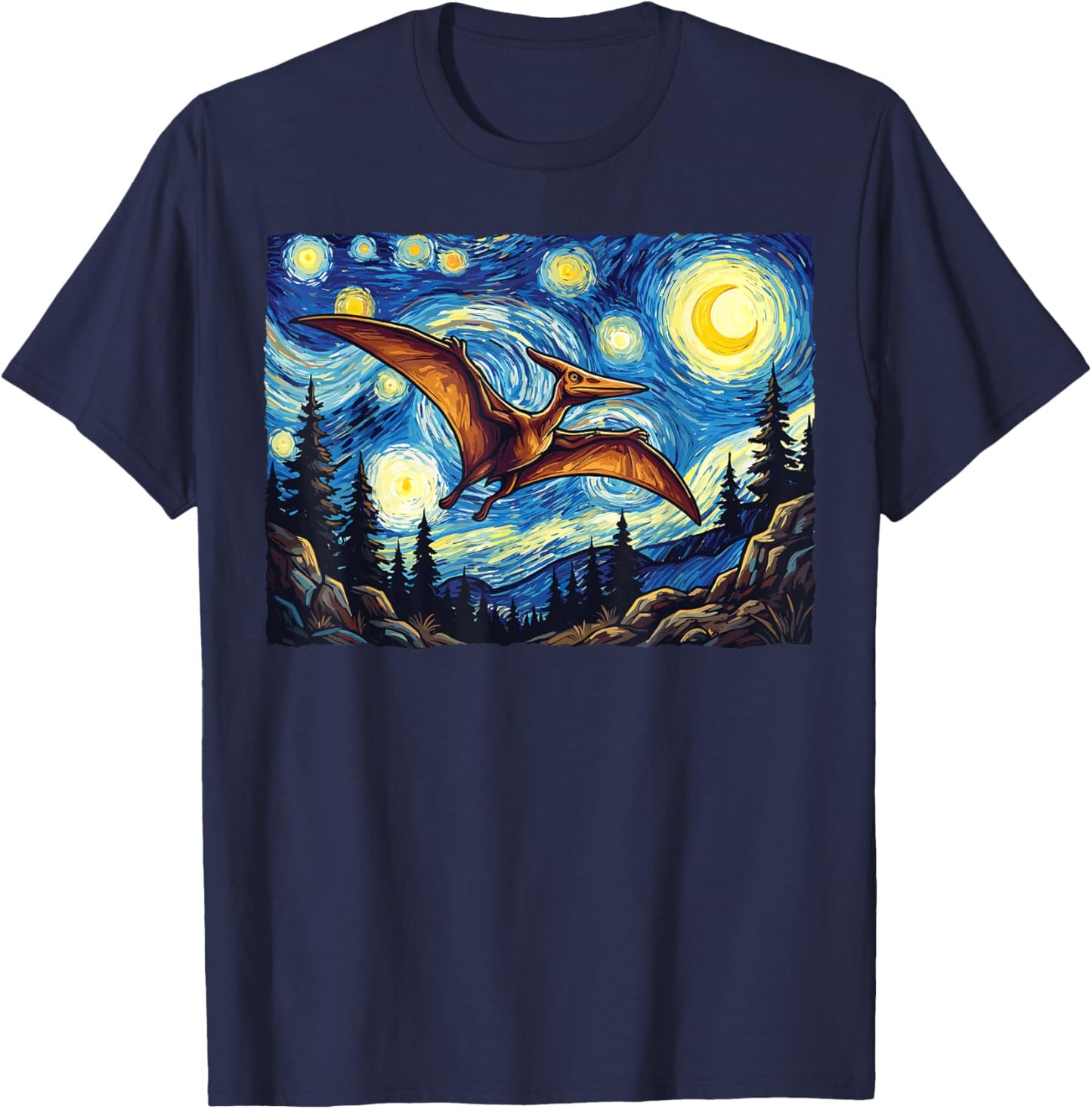 Pterodactyl Dinosaur Prehistoric Starry Night Van Gogh Dino T-Shirt - T-Shirt | Navy