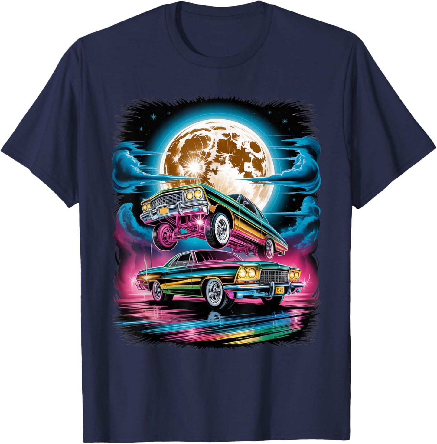 Vintage Retro 90s Airbrushed Classic Cars Under Full Moon T-Shirt - T-Shirt | Navy
