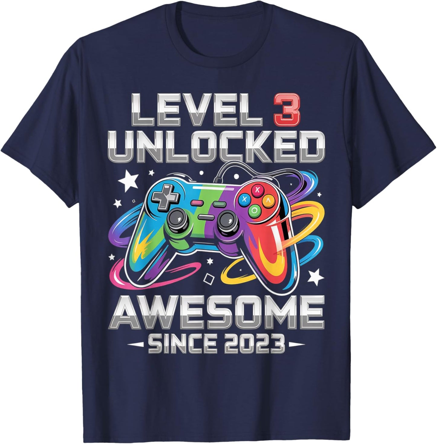 Level 3 Unlocked Awesome Since 2023 3th Birthday Gaming T-Shirt - T-Shirt | Navy