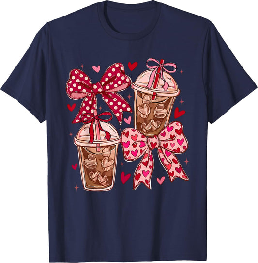 Valentines Day Pink Coffee Cups Latte Iced Cream Chocolate T-Shirt - T-Shirt | Navy