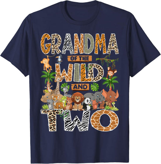 Grandma of The Wild & Two 2nd Birthday Boy Safari Jungle T-Shirt - T-Shirt | Navy