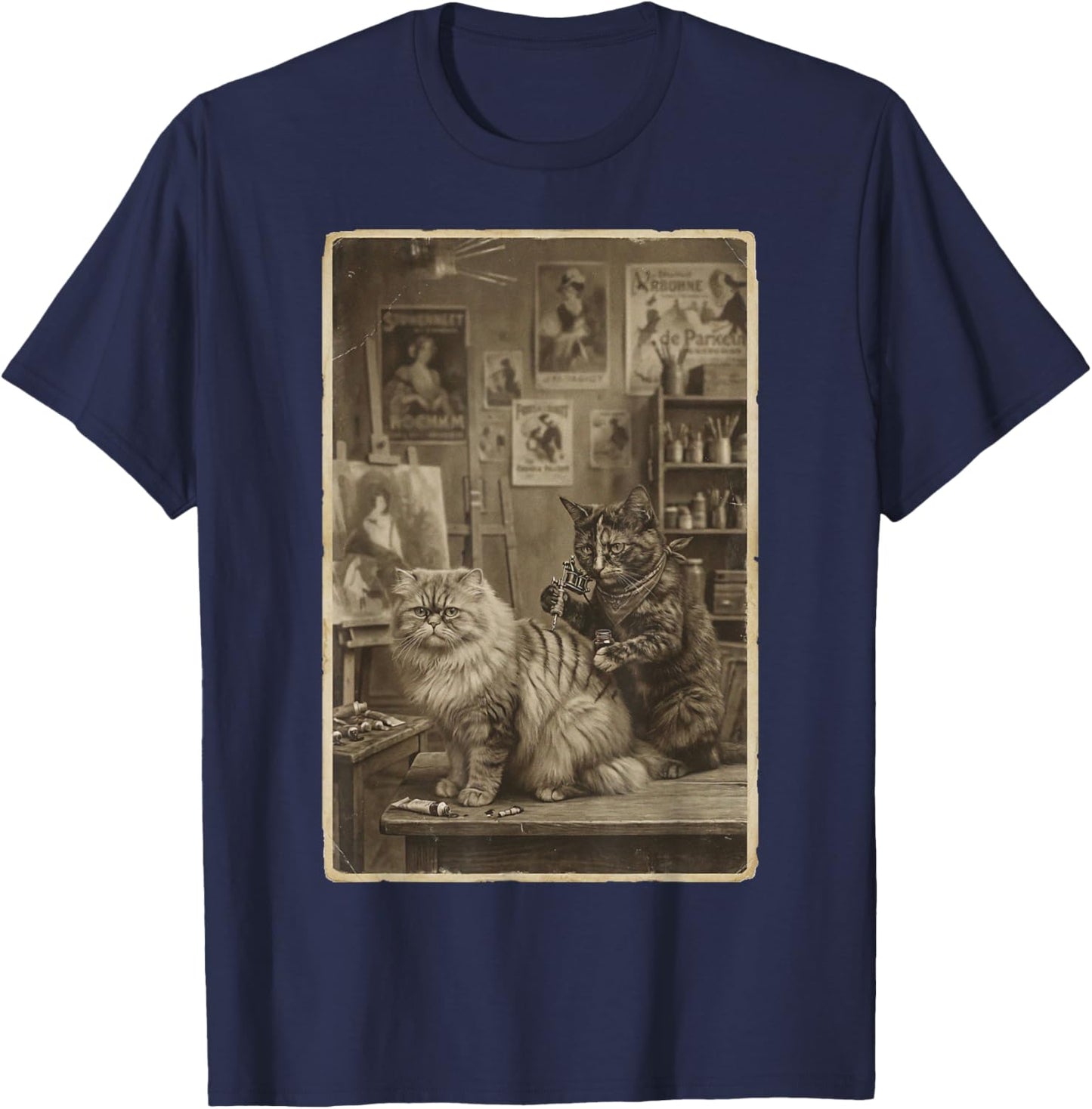 Vintage Sepia Cat Tattoo Artist – Funny Victorian Style T-Shirt - T-Shirt | Navy