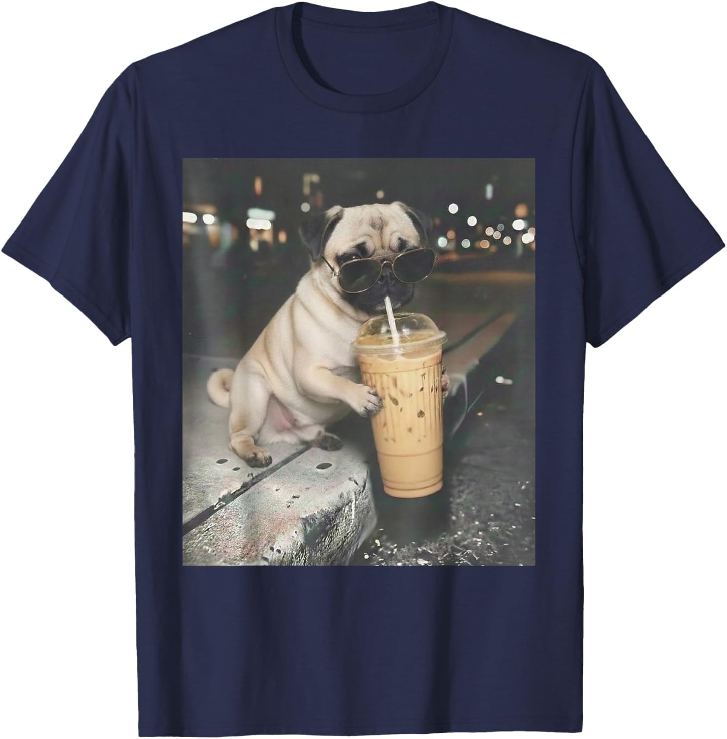 Pug Drinking Iced Coffee Funny Animal Meme Dog Pug Lover T-Shirt - T-Shirt | Navy