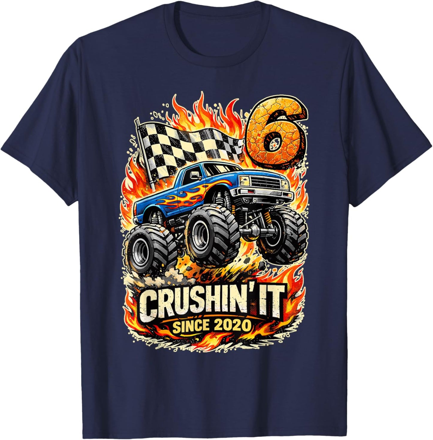 Birthday Monster Truck 6 Year Old Boys 6th Party Born 2020 T-Shirt - T-Shirt | Navy