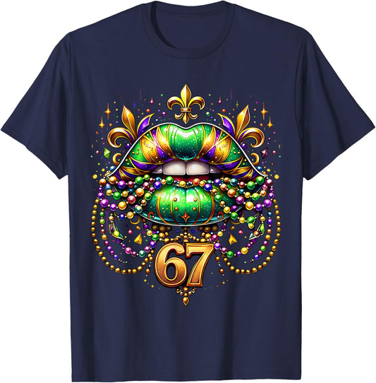 Funny 67 Mardi Gras Lips Meme 6 7 Beads Six Seven Women Girl T-Shirt - T-Shirt | Navy
