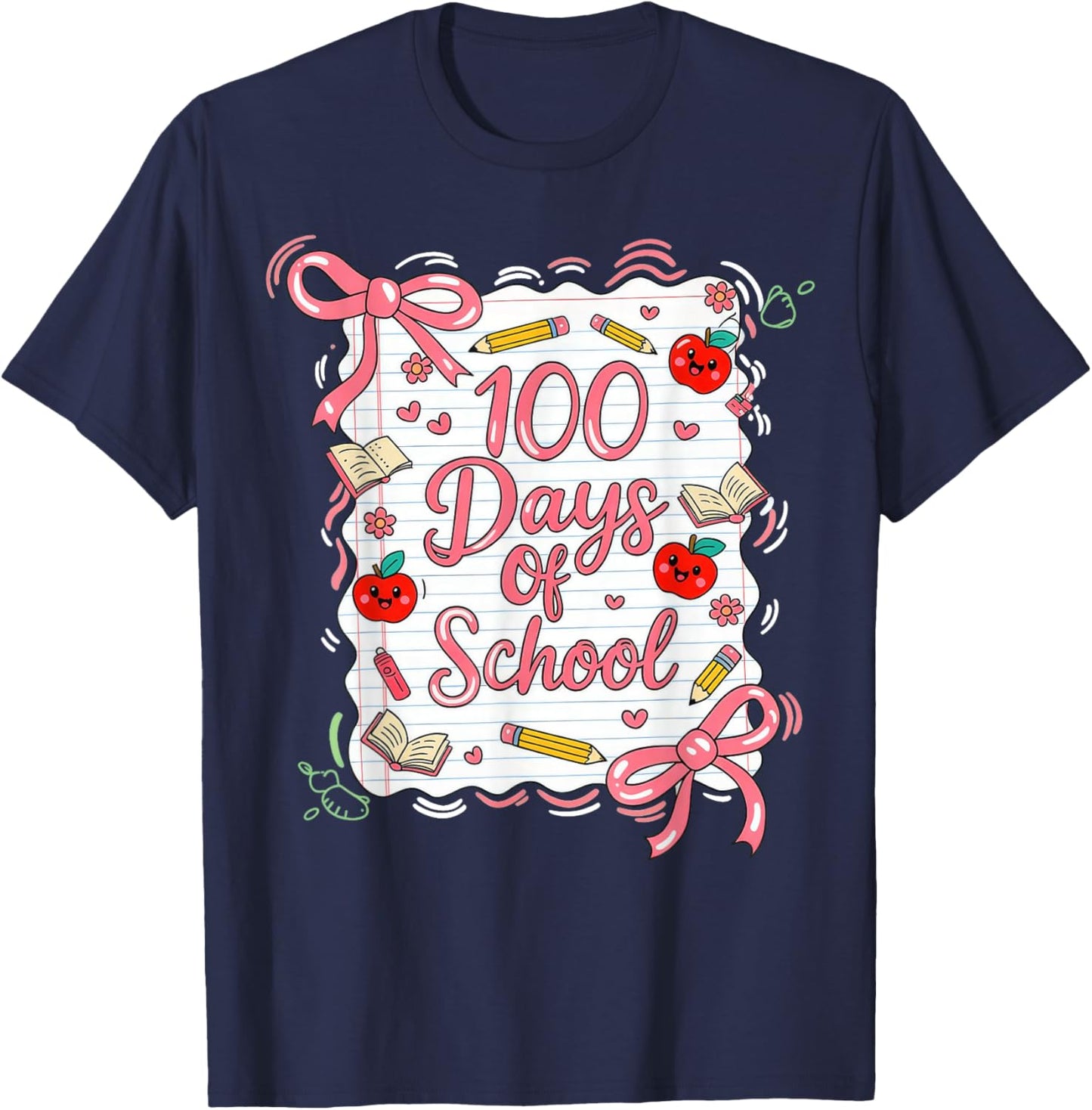 100 Days of School Coquette Bow for Girls 100th Day Teacher T-Shirt - T-Shirt | Navy