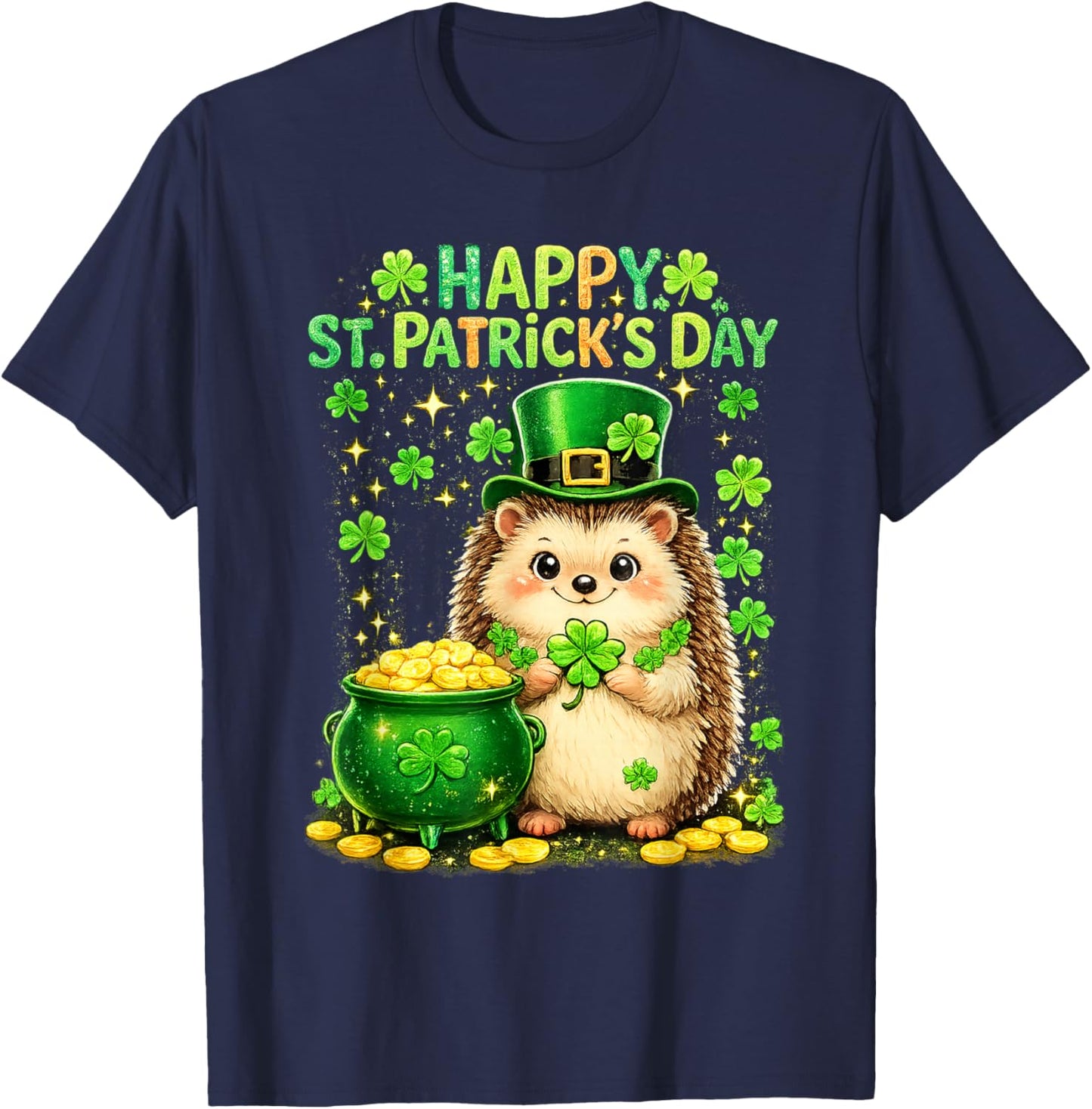 Happy St Patrick’s Day Cute Hedgehog Shamrock Funny T-Shirt - T-Shirt | Navy