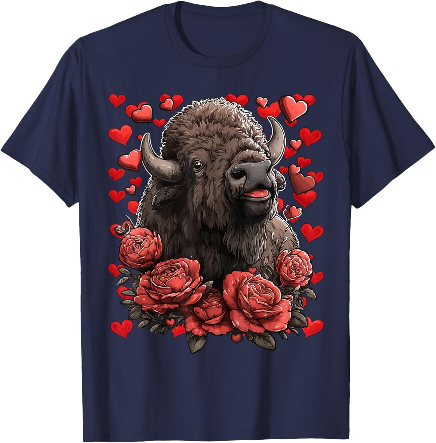 Cute Bison with Red Roses Hearts Valentine’s Day Animal T-Shirt - T-Shirt | Navy