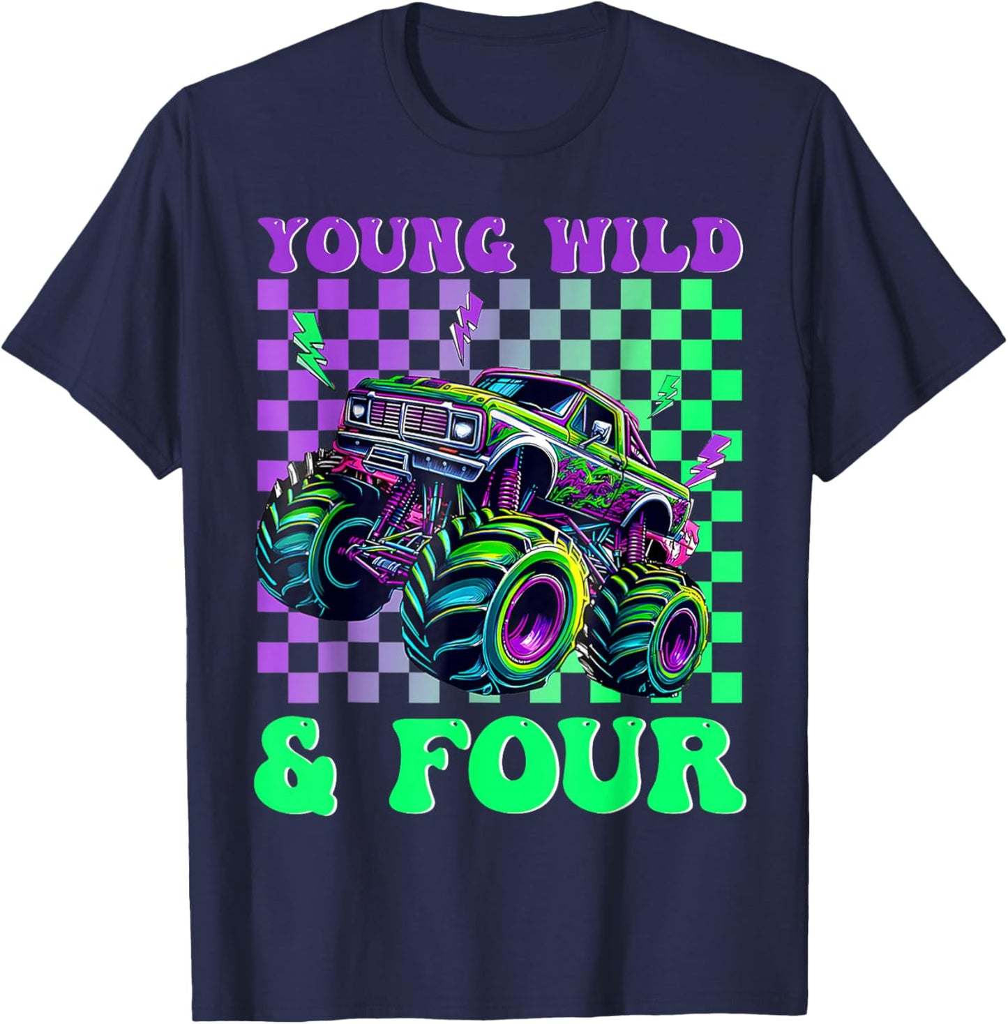 Kids 4th Birthday Boy Monster Truck Young Wild and Four T-Shirt - T-Shirt | Navy