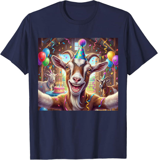 Funny Goat Birthday Party Selfie Farm Animal Lover T-Shirt - T-Shirt | Navy