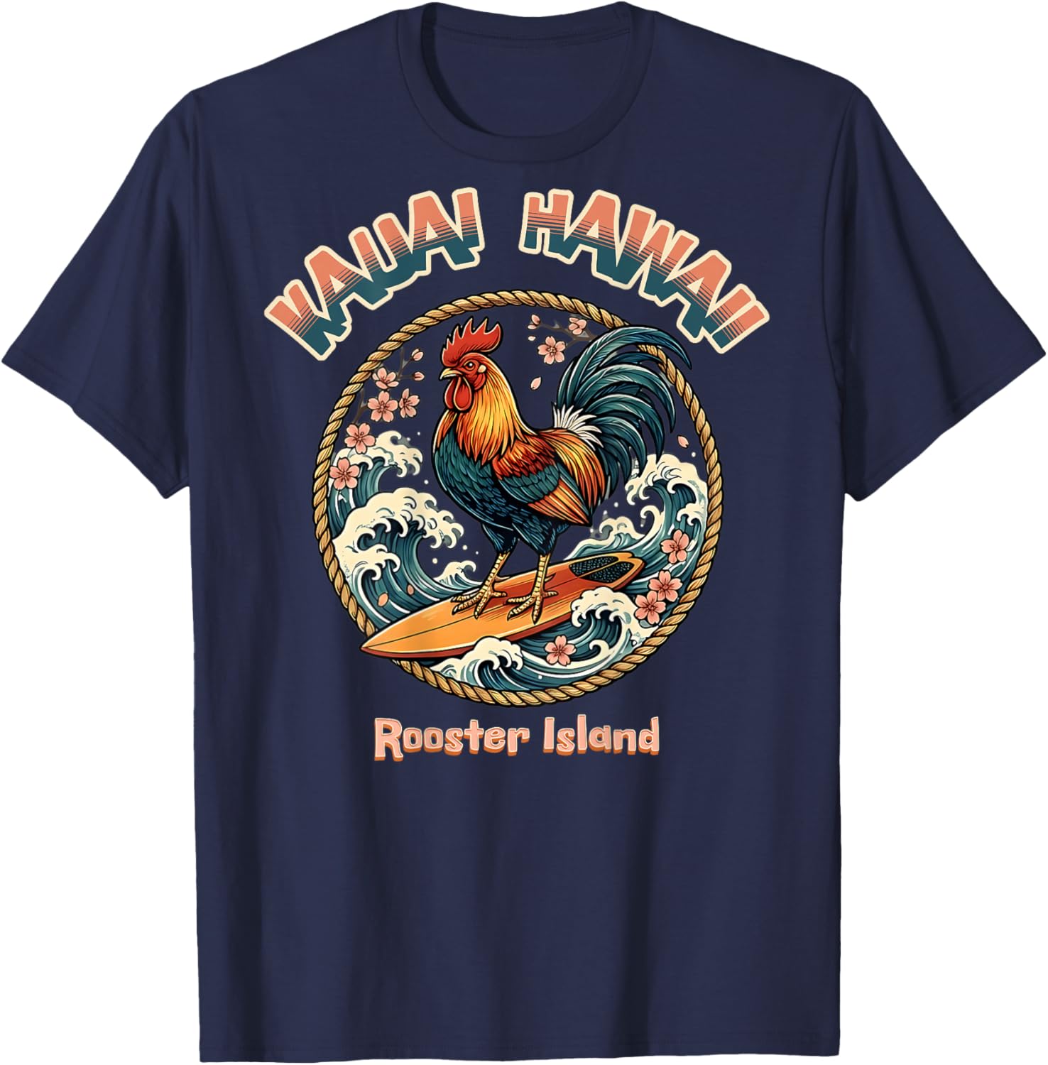 Rooster Surfer Chicken Surfing Kauai Hawaiian Surf Chic T-Shirt - T-Shirt | Navy