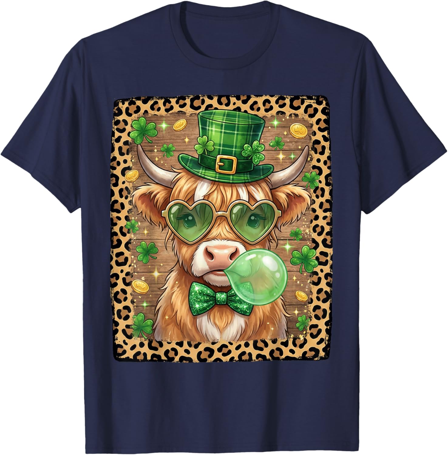 Highland Cow St Patricks Day Women Shamrock Saint Pattys T-Shirt - T-Shirt | Navy