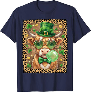Highland Cow St Patricks Day Women Shamrock Saint Pattys T-Shirt - T-Shirt | Navy