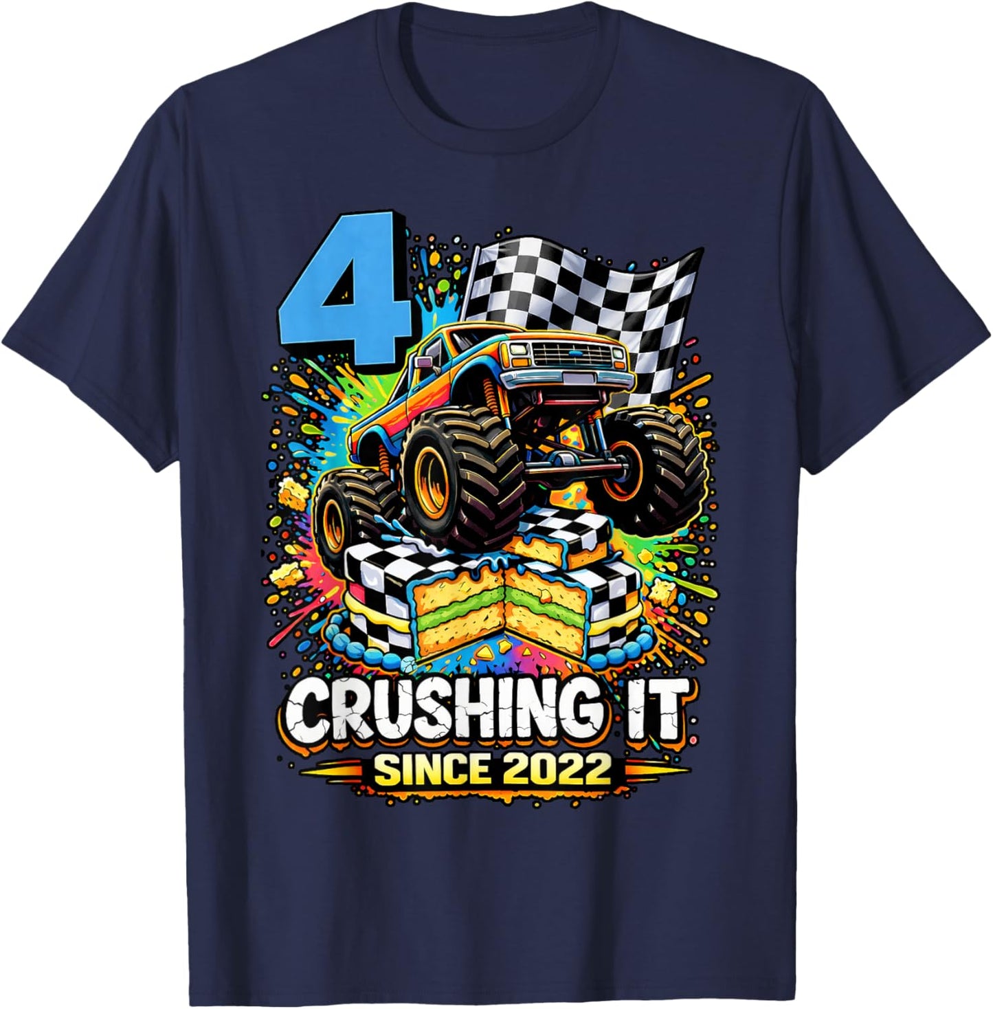 Birthday Monster Truck 4 Year Old Boys 4th Party Born 2022 T-Shirt - T-Shirt | Navy