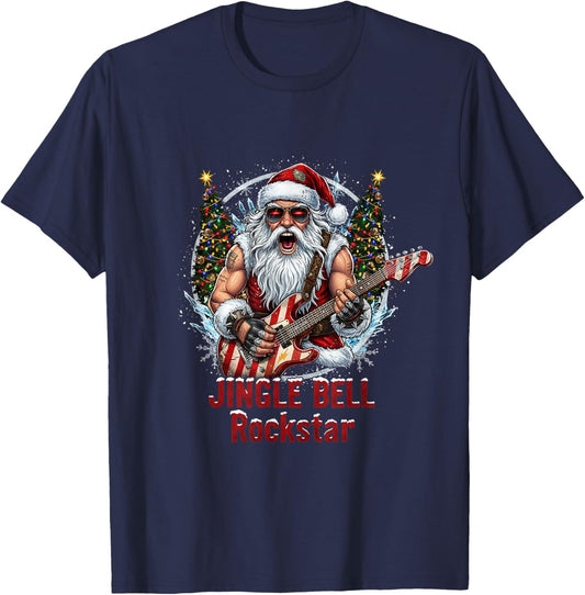 Christmas Vibe Retro Rockin Santa Jingle Bell Rock T-Shirt - T-Shirt | Navy