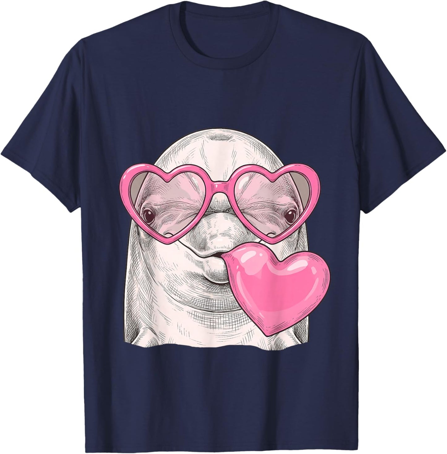 Cute Dolphin Blowing Pink Valentine Heart Bubble Gum T-Shirt - T-Shirt | Navy