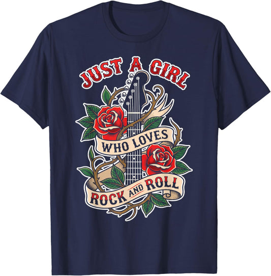 Rock n Roll Just a Girl Who Loves Rock and Roll Music Fan T-Shirt - T-Shirt | Navy
