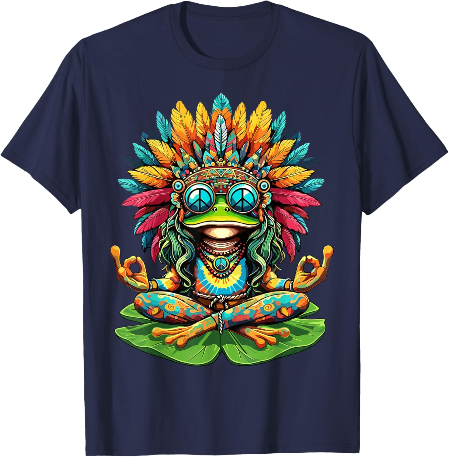 Frog Peace Sign Yoga Meditation Hippie T-Shirt - T-Shirt | Navy