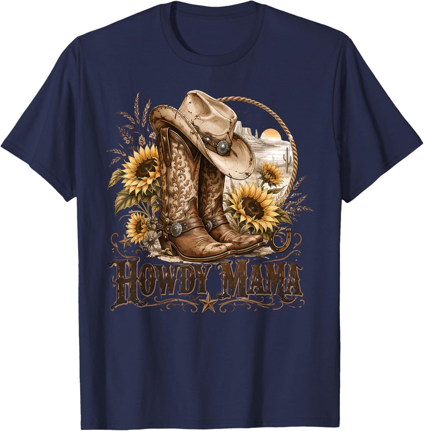Mama Western Retro Groovy Cow Skull Country Rodeo Mother Day T-Shirt - T-Shirt | Navy