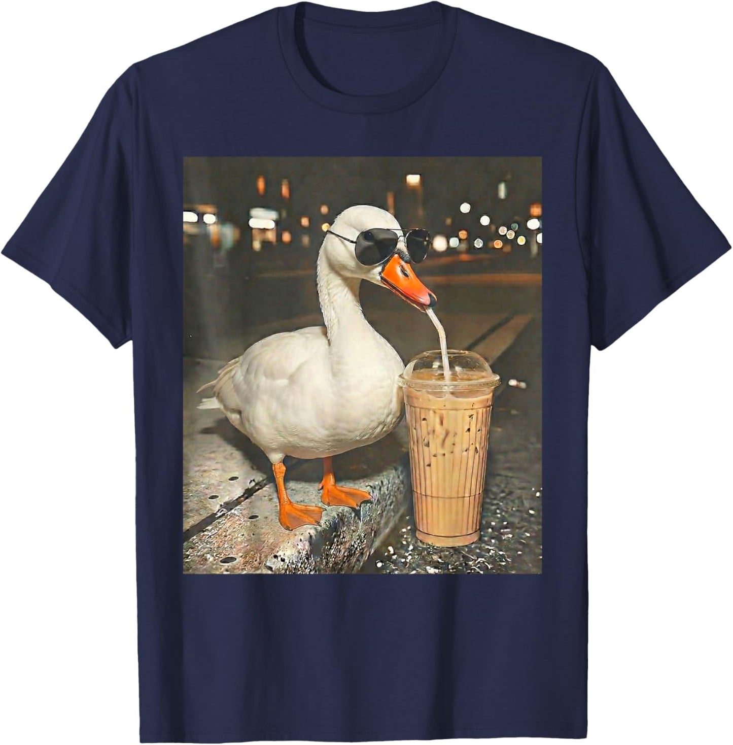 Funny Goose Drinking Iced Coffee Animal Meme Men Women T-Shirt - T-Shirt | Navy