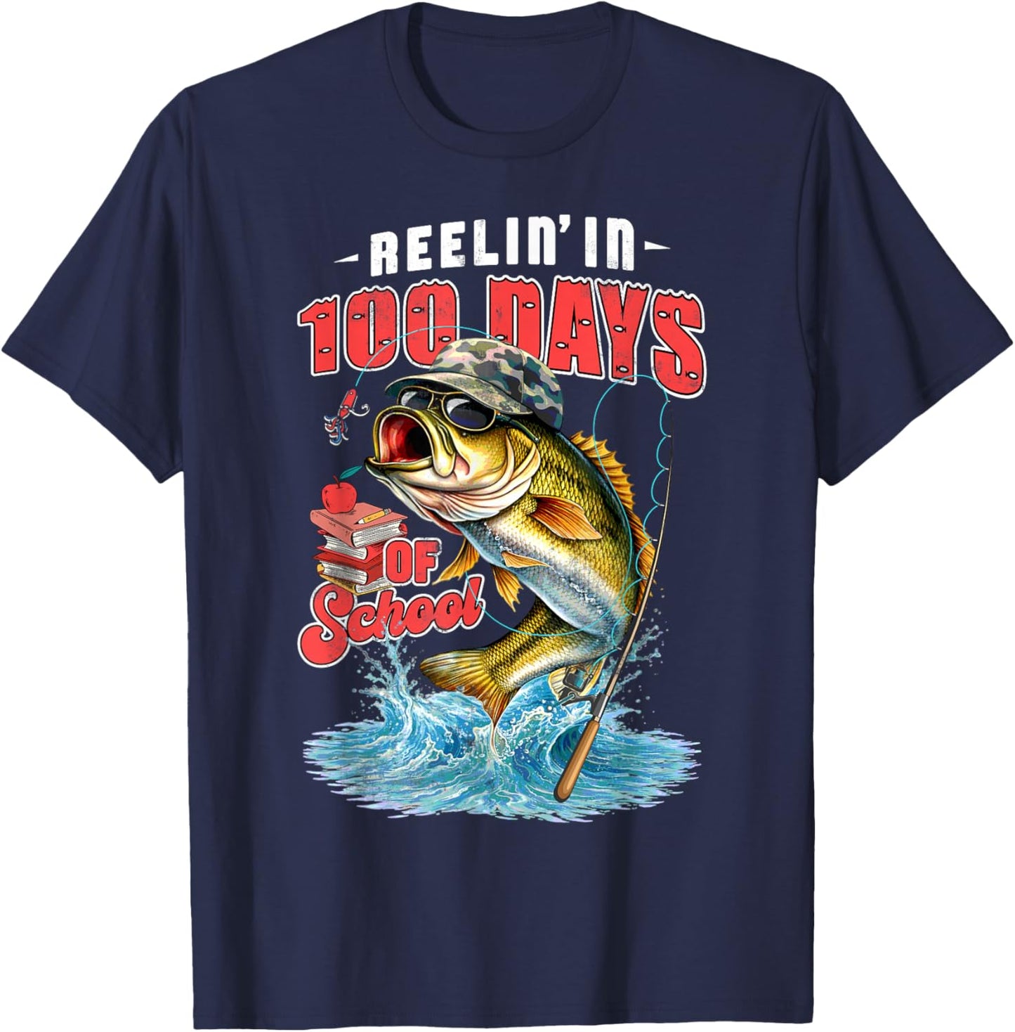 Reelin’ in 100 Days of School Camo Bass Fishing Teacher Boys T-Shirt - T-Shirt | Navy